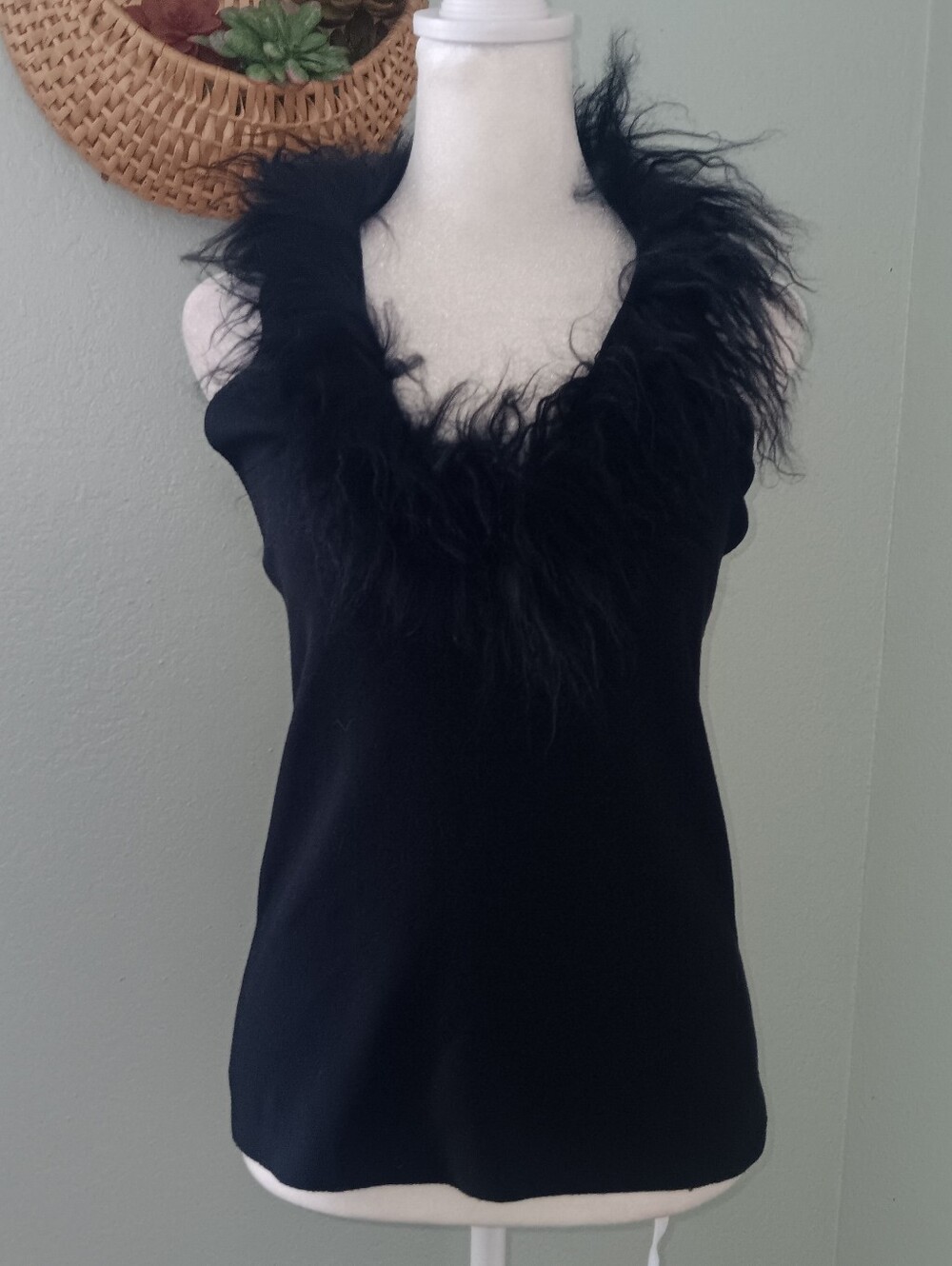 Nicole Miller Black Lamb Fur Trim Silk Blend Halter Sz L Vintage Y2K